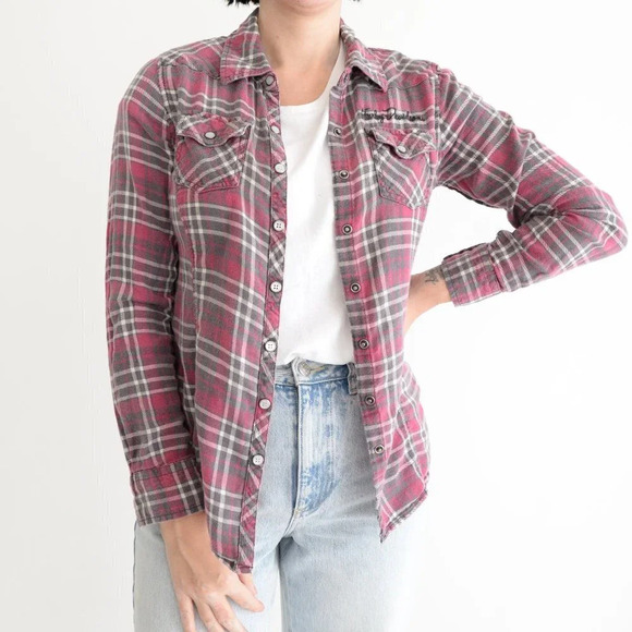 Harley-Davidson Burgundy Checker Snap Front Button Up Shirt Med - Picture 2 of 12